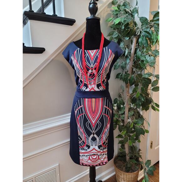Sandra Darren Dress Womens 12 Navy Red Geometric Sheath Career Party Lined - Picture 2 of 12